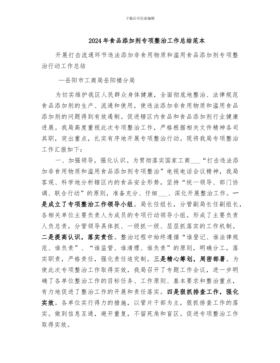 2024年食品添加剂专项整治工作总结范本_第1页