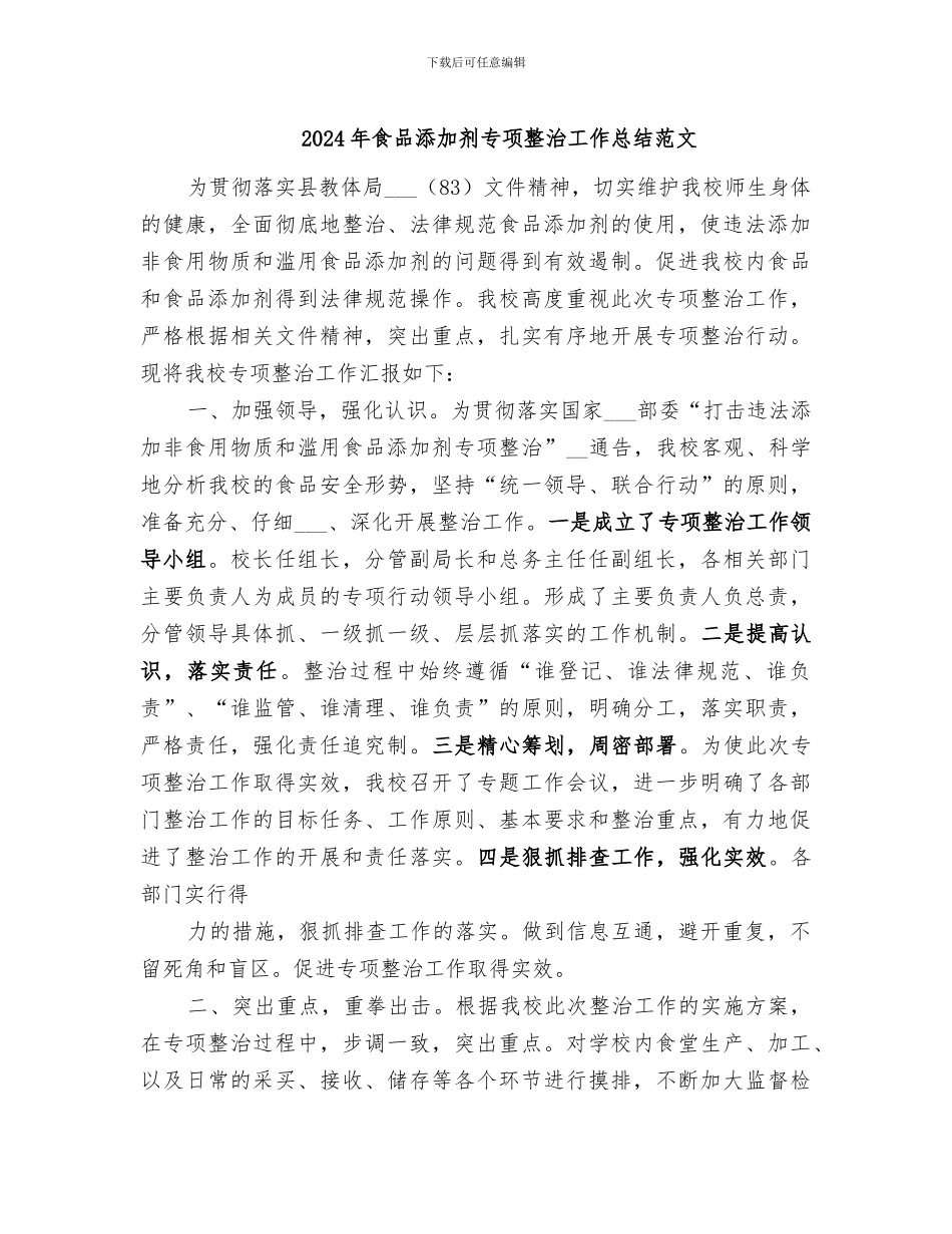 2024年食品添加剂专项整治工作总结范文_第1页