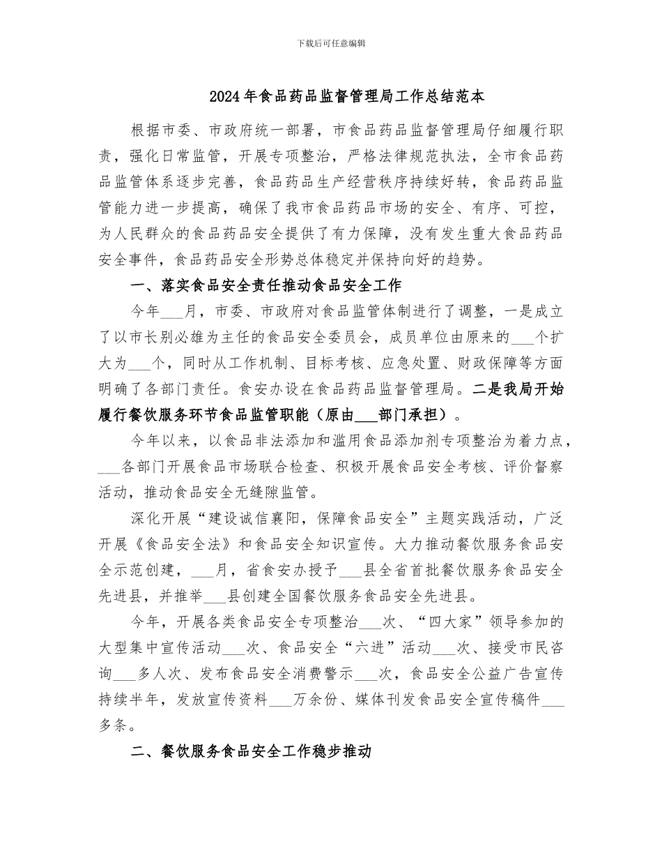 2024年食品药品监督管理局工作总结范本_第1页