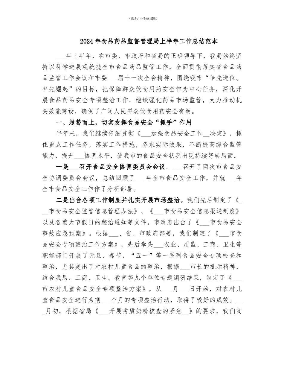 2024年食品药品监督管理局上半年工作总结范本_第1页