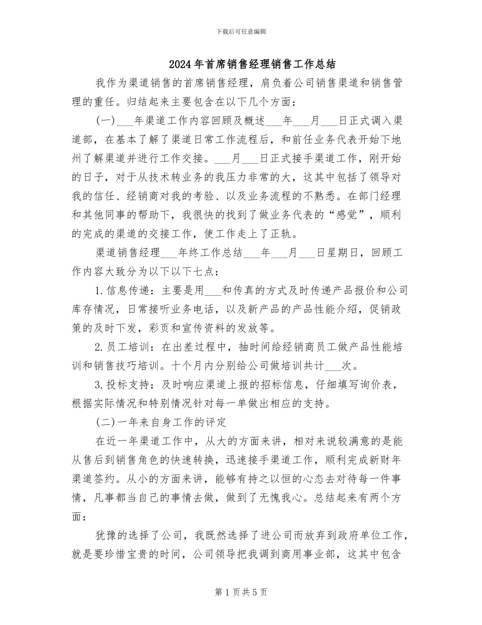 2024年首席销售经理销售工作总结_第1页