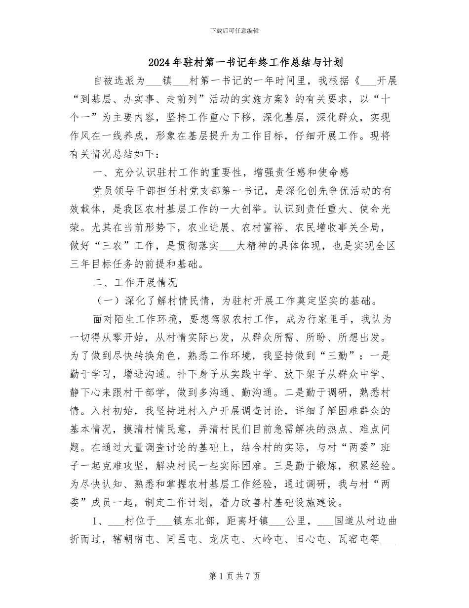 2024年驻村第一书记年终工作总结与计划_第1页