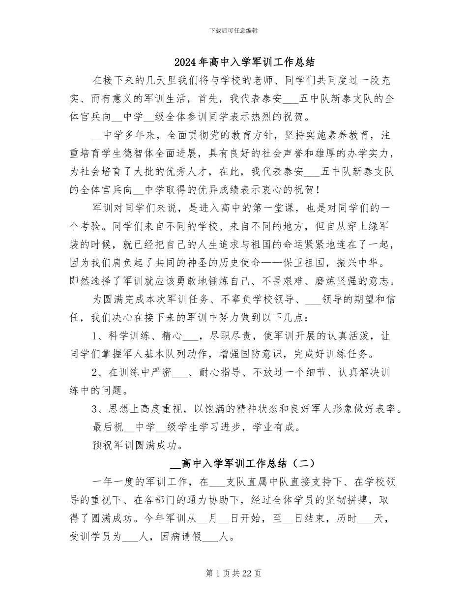 2024年高中入学军训工作总结_第1页