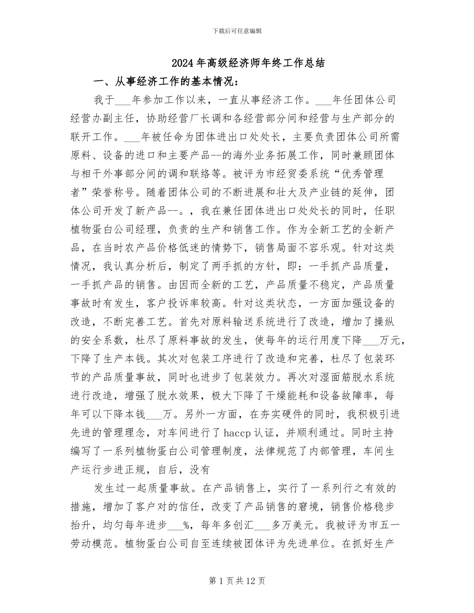 2024年高级经济师年终工作总结_第1页