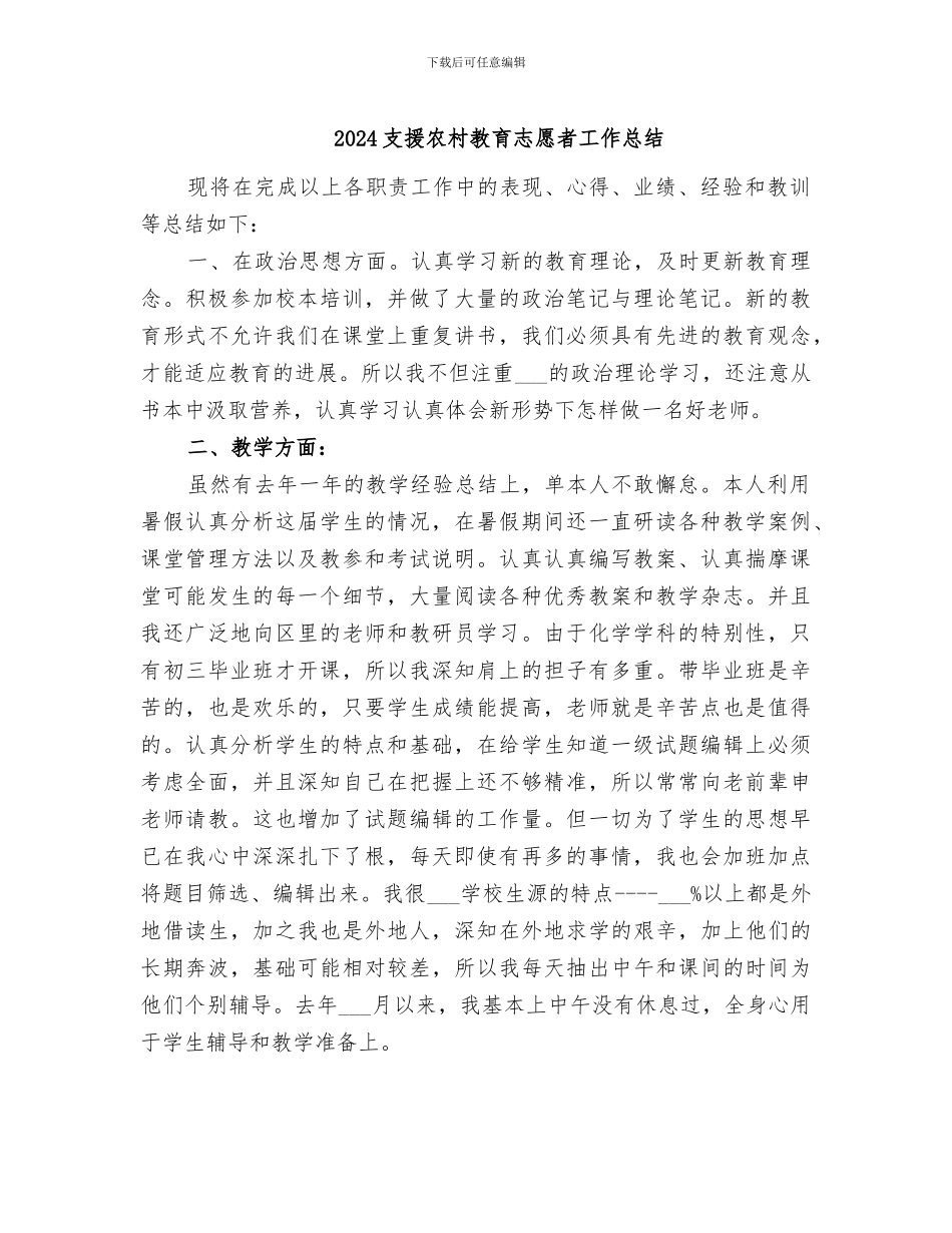 2024支援农村教育志愿者工作总结_第1页