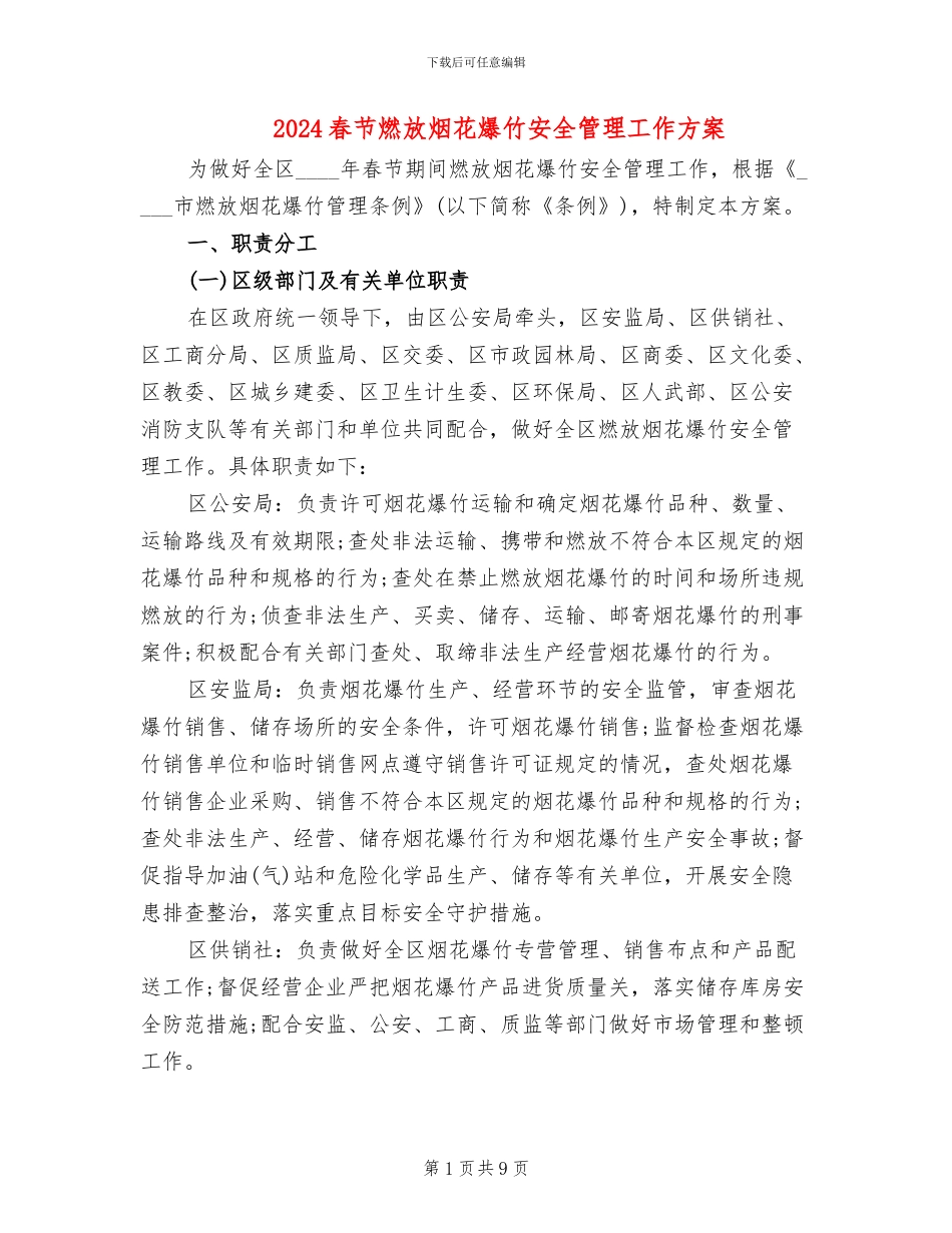 2024春节燃放烟花爆竹安全管理工作方案_第1页