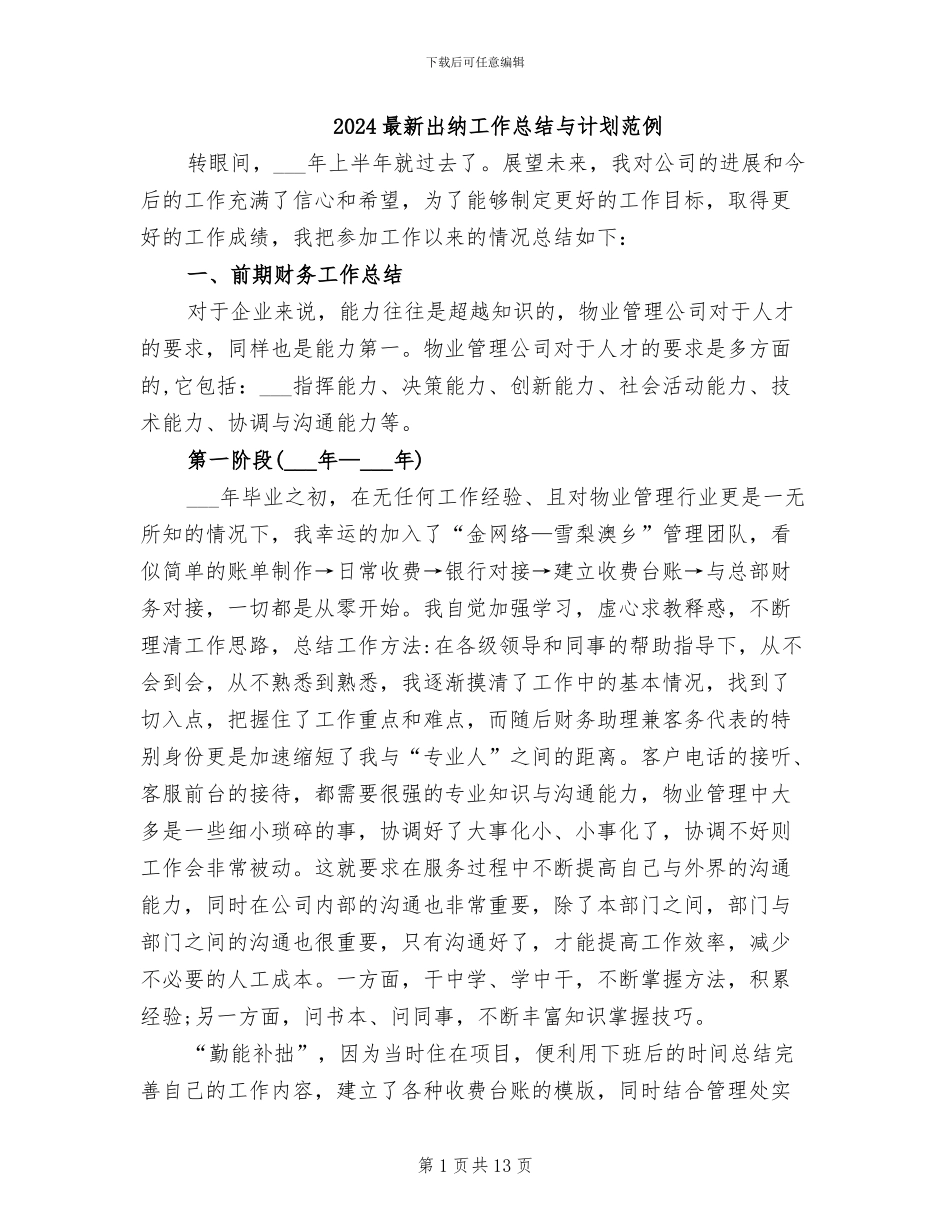 2024最新出纳工作总结与计划范例_第1页