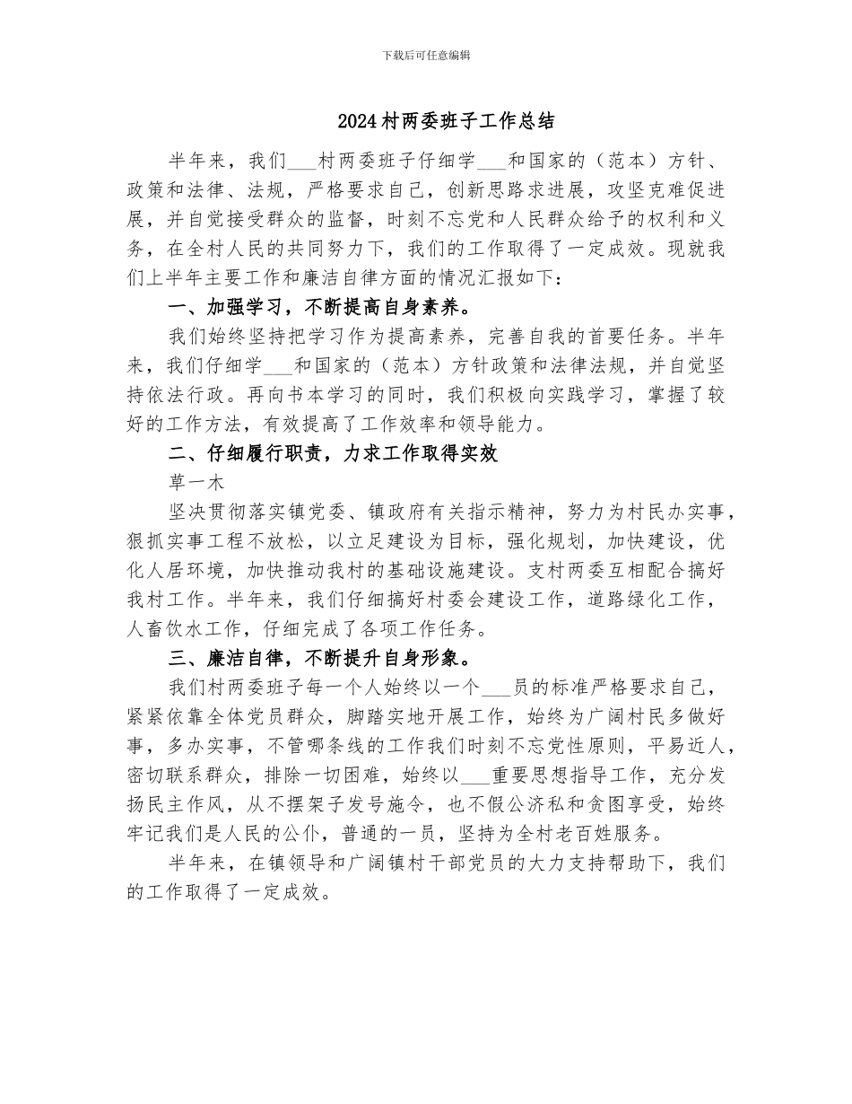 2024村两委班子工作总结_第1页