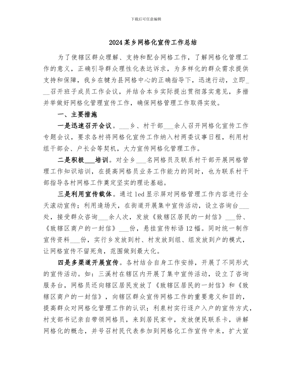 2024某乡网格化宣传工作总结_第1页