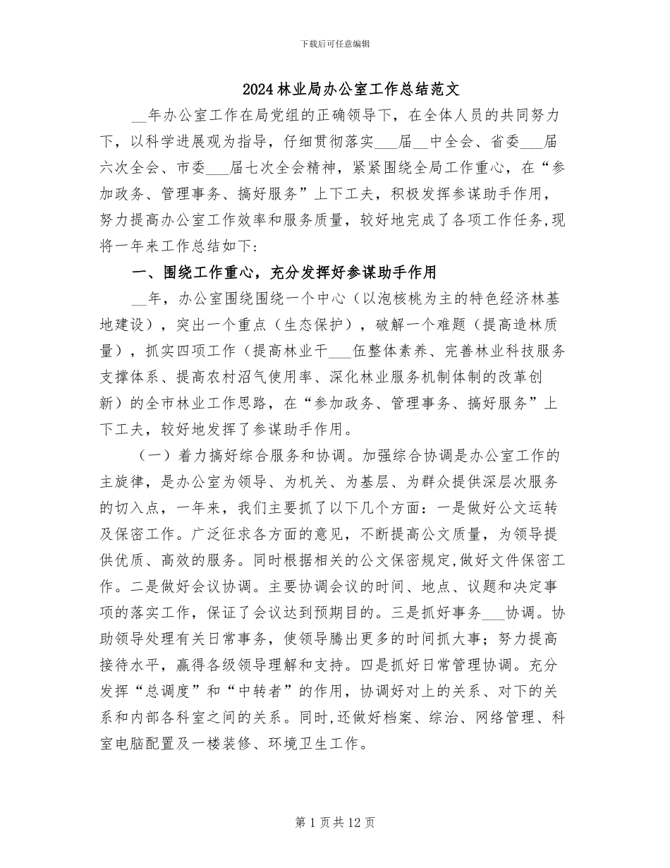2024林业局办公室工作总结范文_第1页