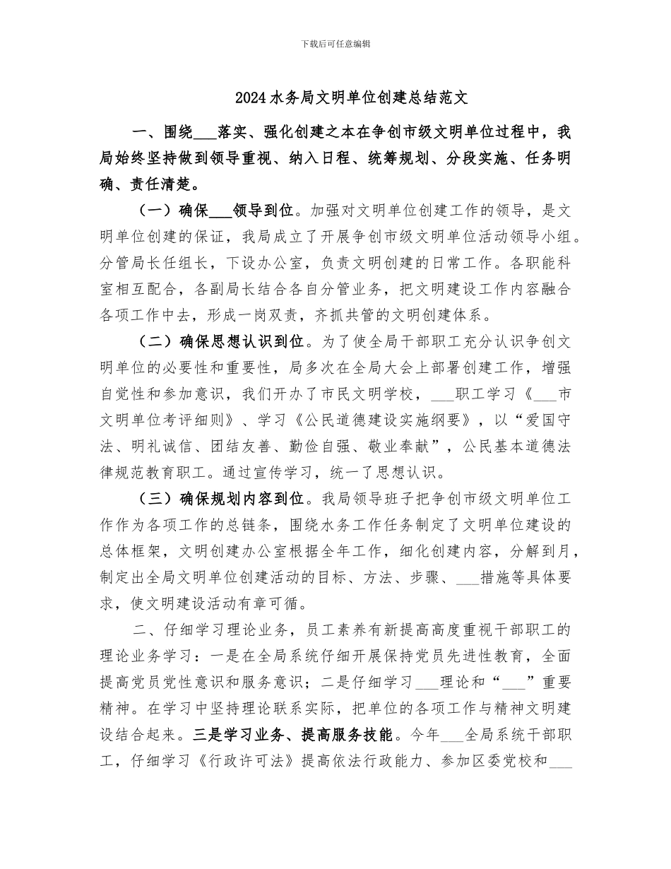 2024水务局文明单位创建总结范文_第1页