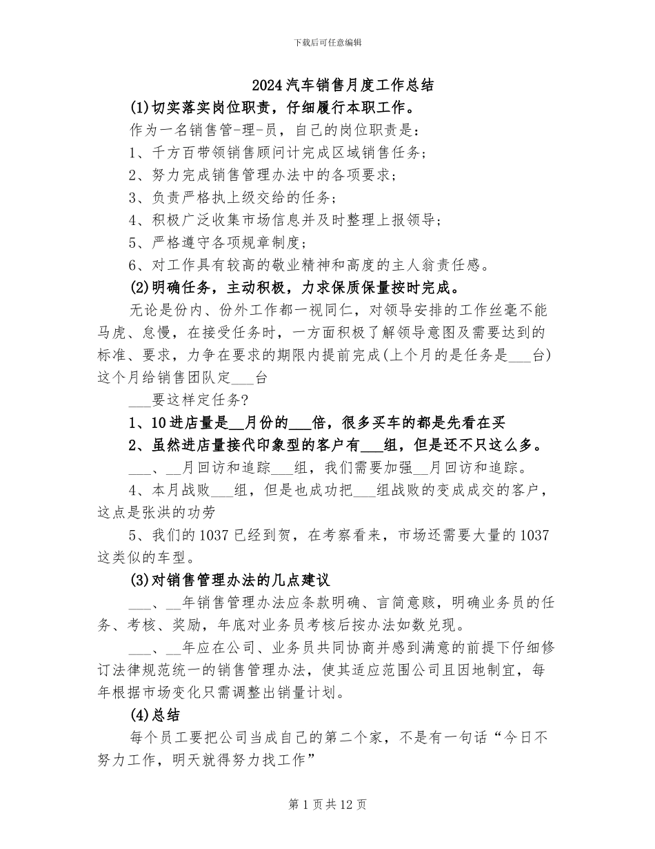 2024汽车销售月度工作总结_第1页