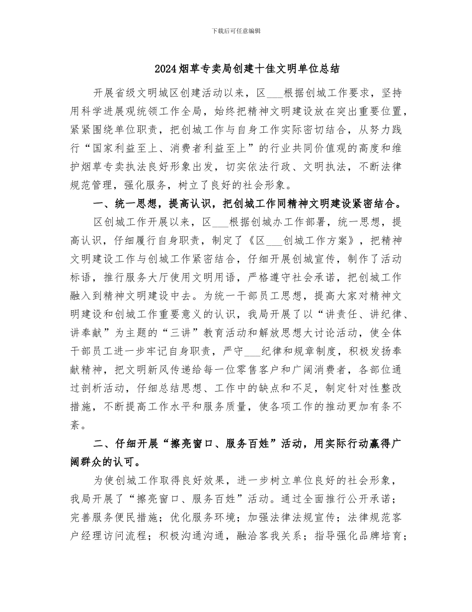2024烟草专卖局创建十佳文明单位总结_第1页