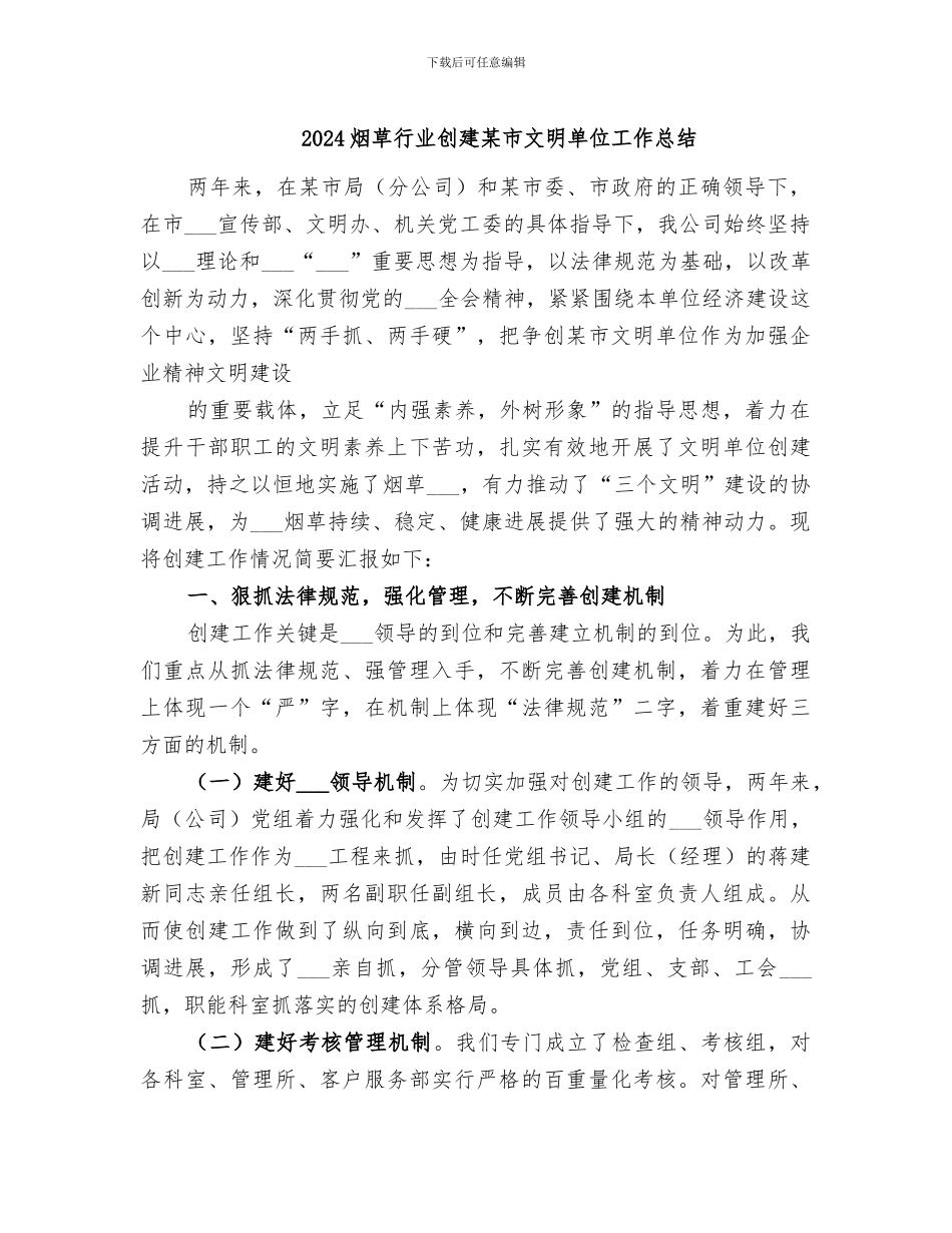 2024烟草行业创建某市文明单位工作总结_第1页