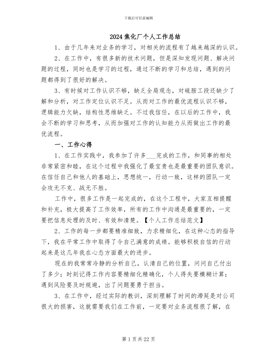 2024焦化厂个人工作总结_第1页