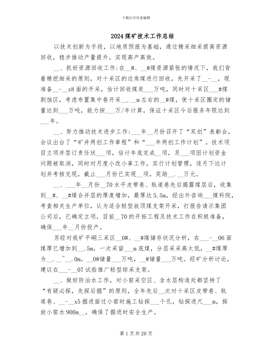 2024煤矿技术工作总结_第1页