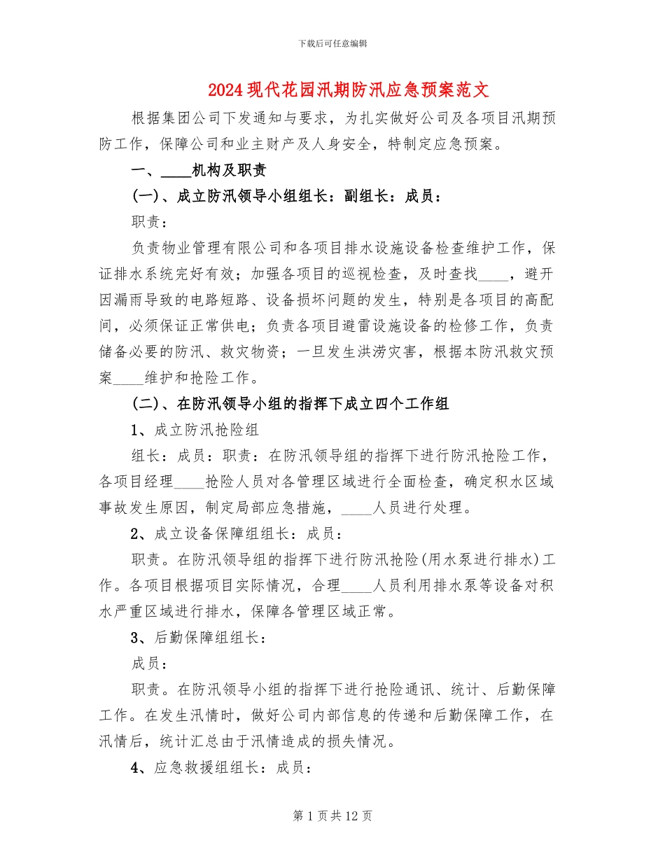 2024现代花园汛期防汛应急预案范文_第1页