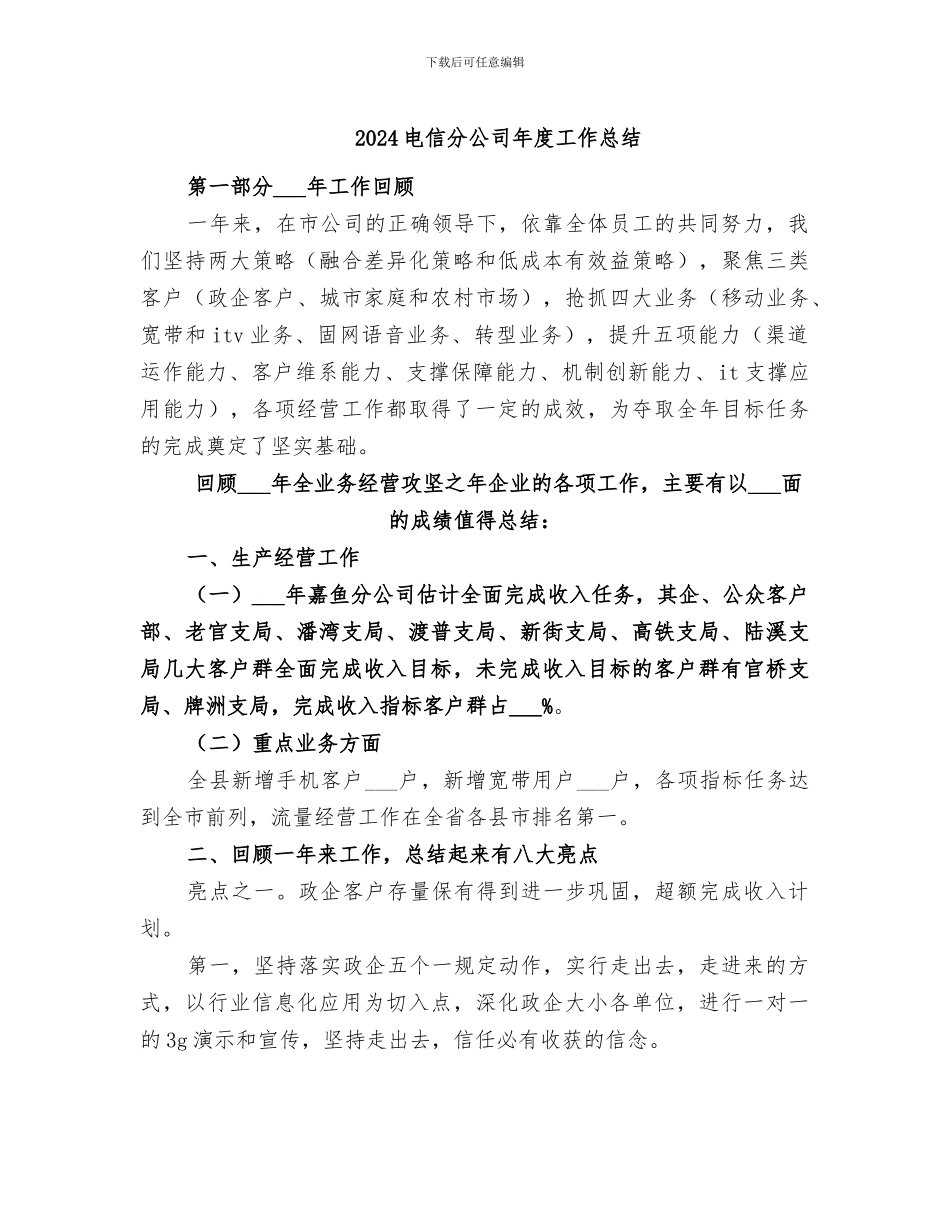 2024电信分公司年度工作总结_第1页