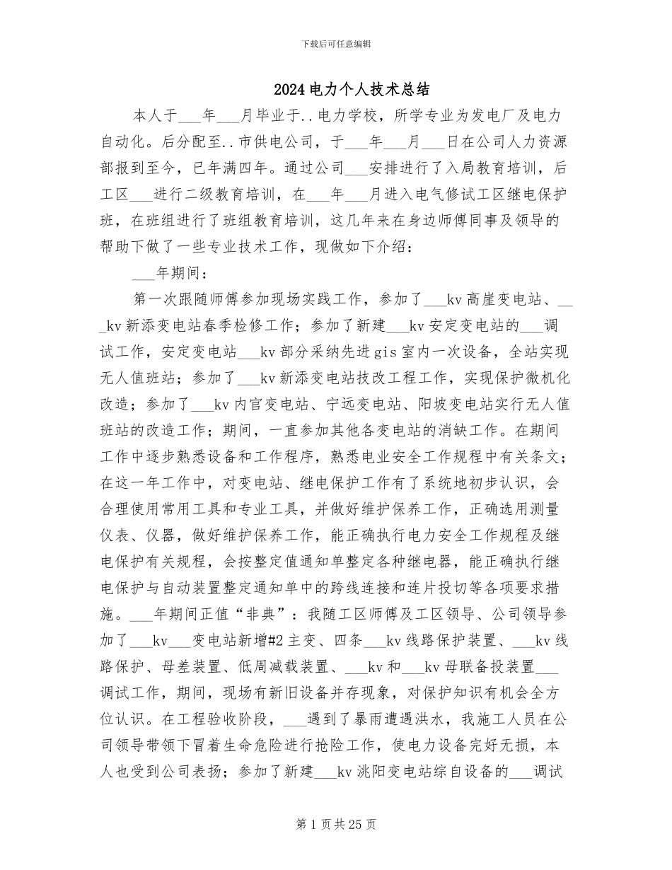 2024电力个人技术总结_第1页