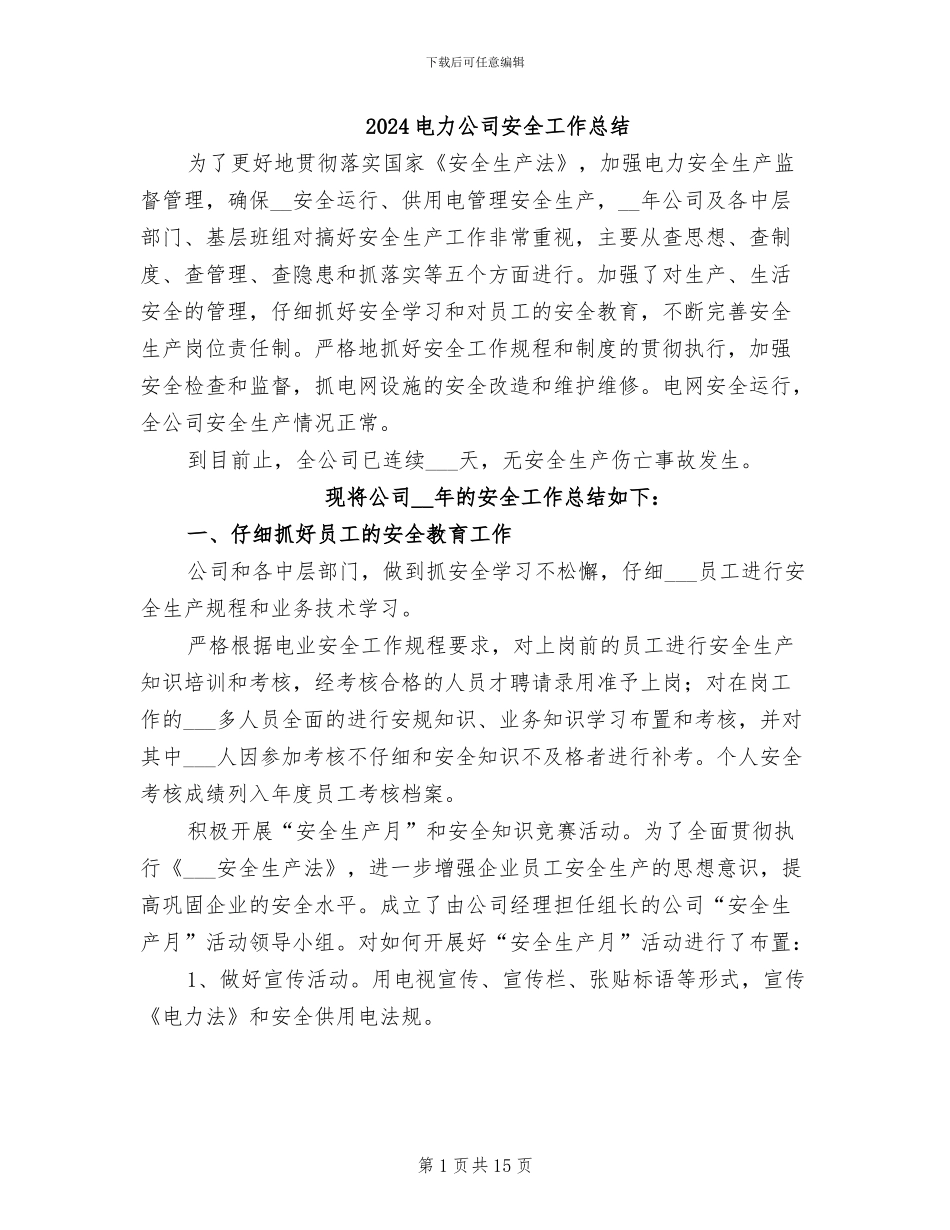 2024电力公司安全工作总结_第1页