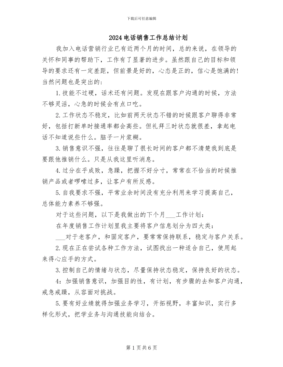 2024电话销售工作总结计划_第1页