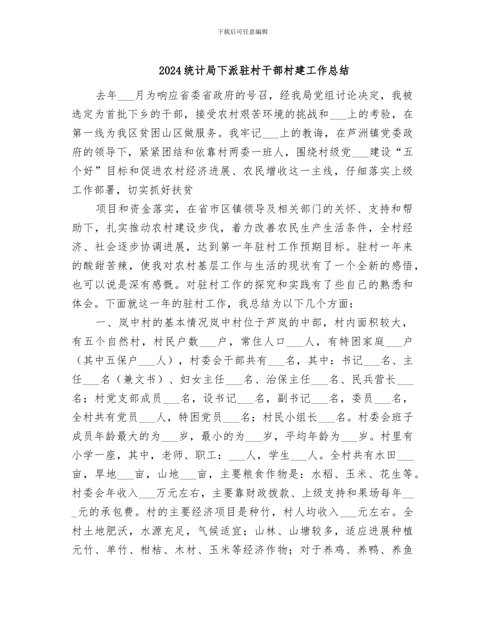 2024统计局下派驻村干部村建工作总结_第1页