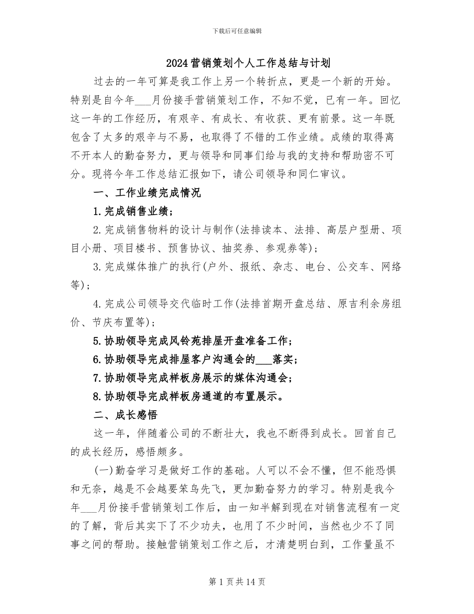 2024营销策划个人工作总结与计划_第1页