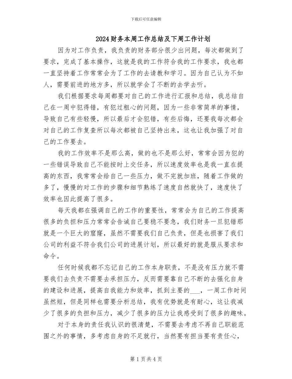 2024财务本周工作总结及下周工作计划_第1页