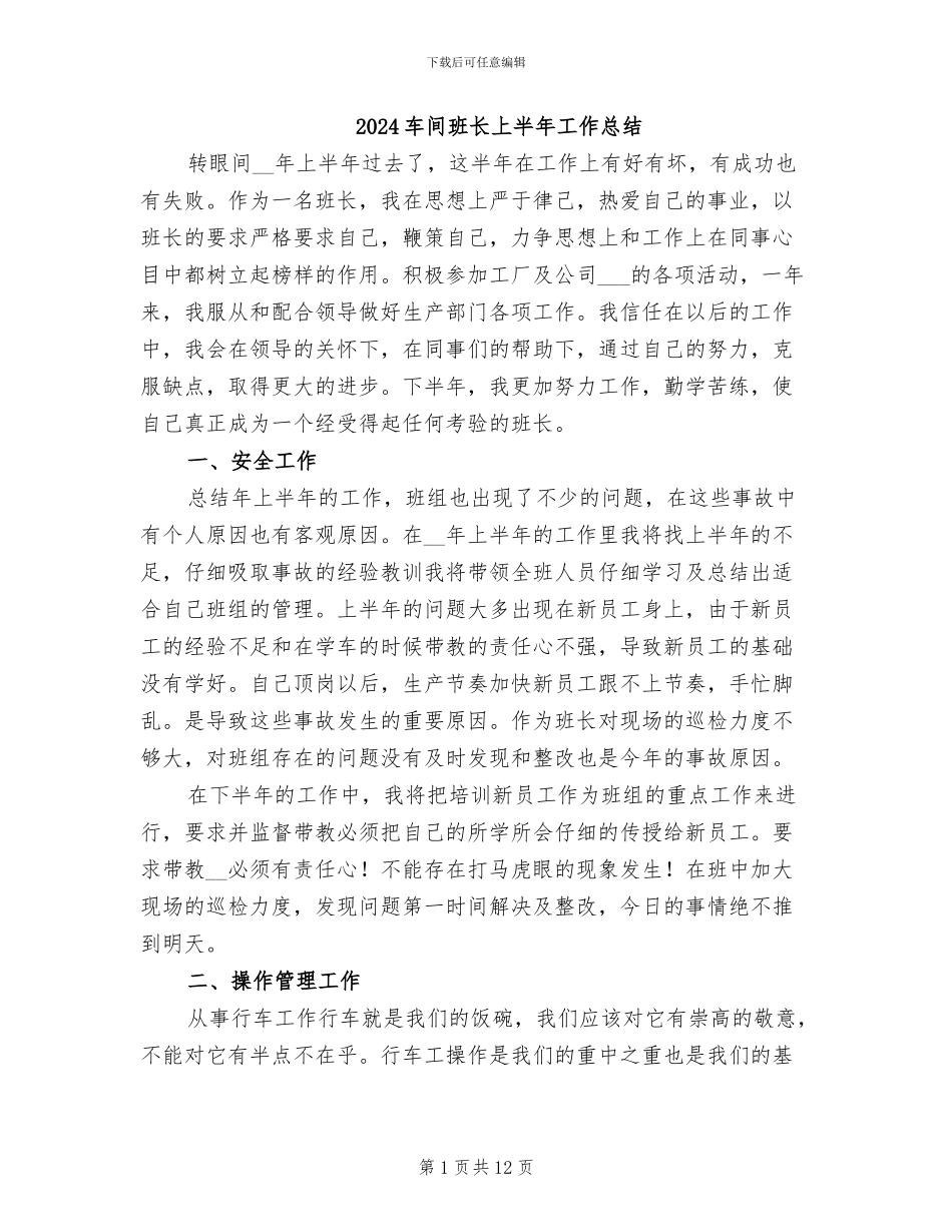 2024车间班长上半年工作总结_第1页