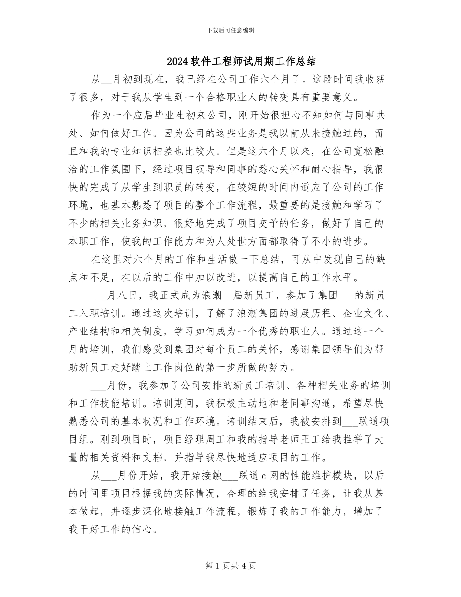 2024软件工程师试用期工作总结_第1页