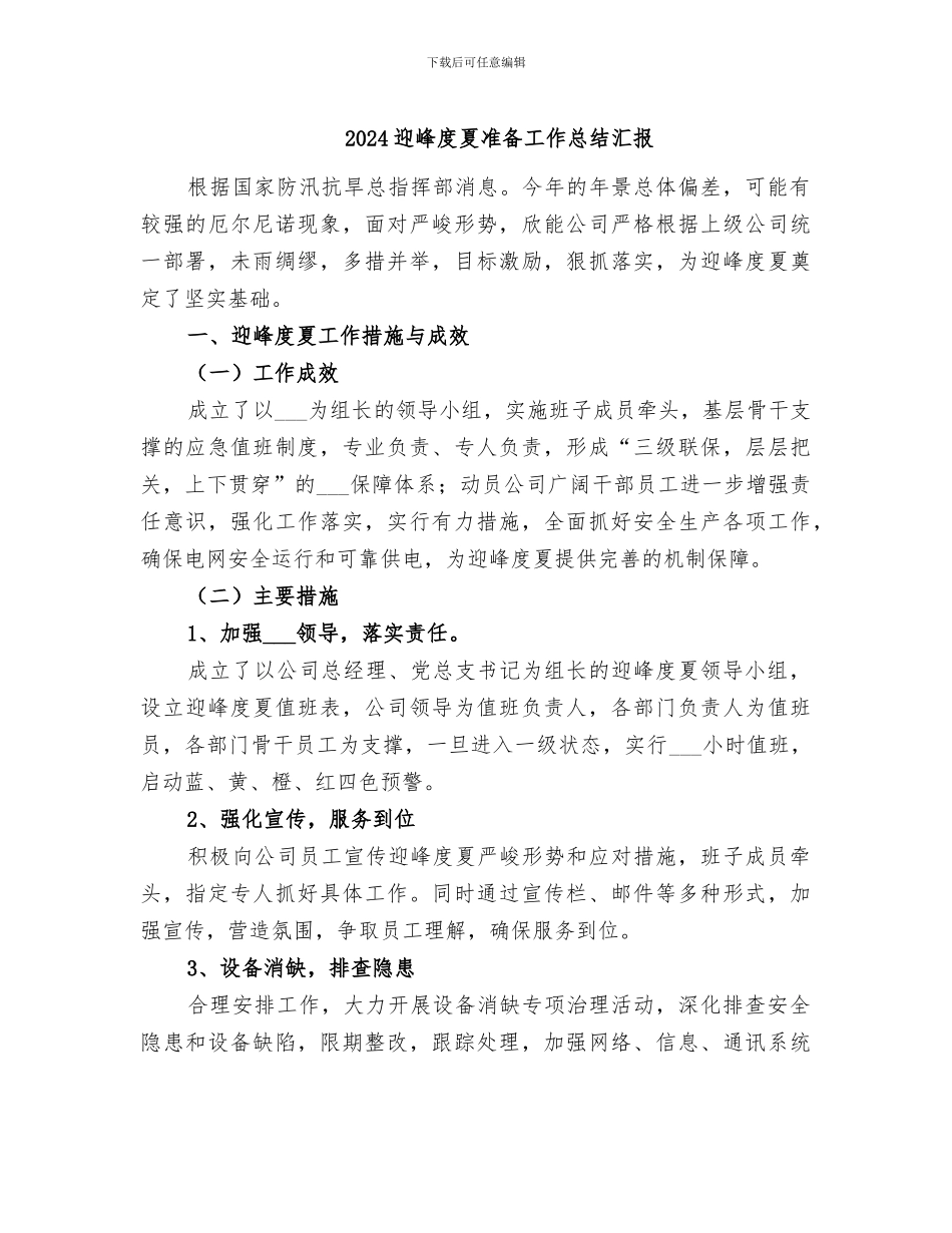 2024迎峰度夏准备工作总结汇报_第1页