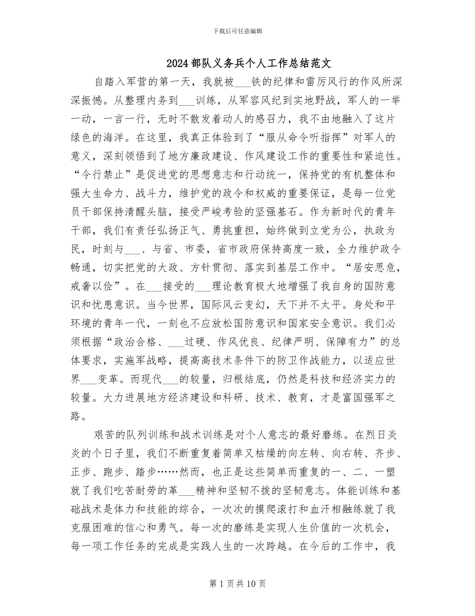 2024部队义务兵个人工作总结范文_第1页