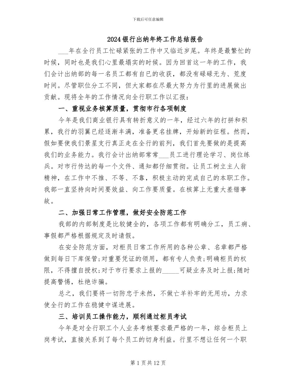 2024银行出纳年终工作总结报告_第1页