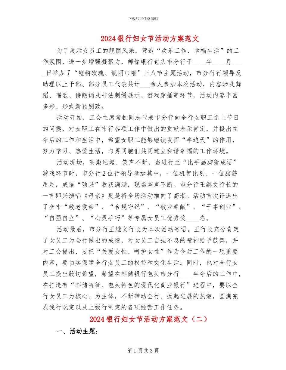 2024银行妇女节活动方案范文_第1页