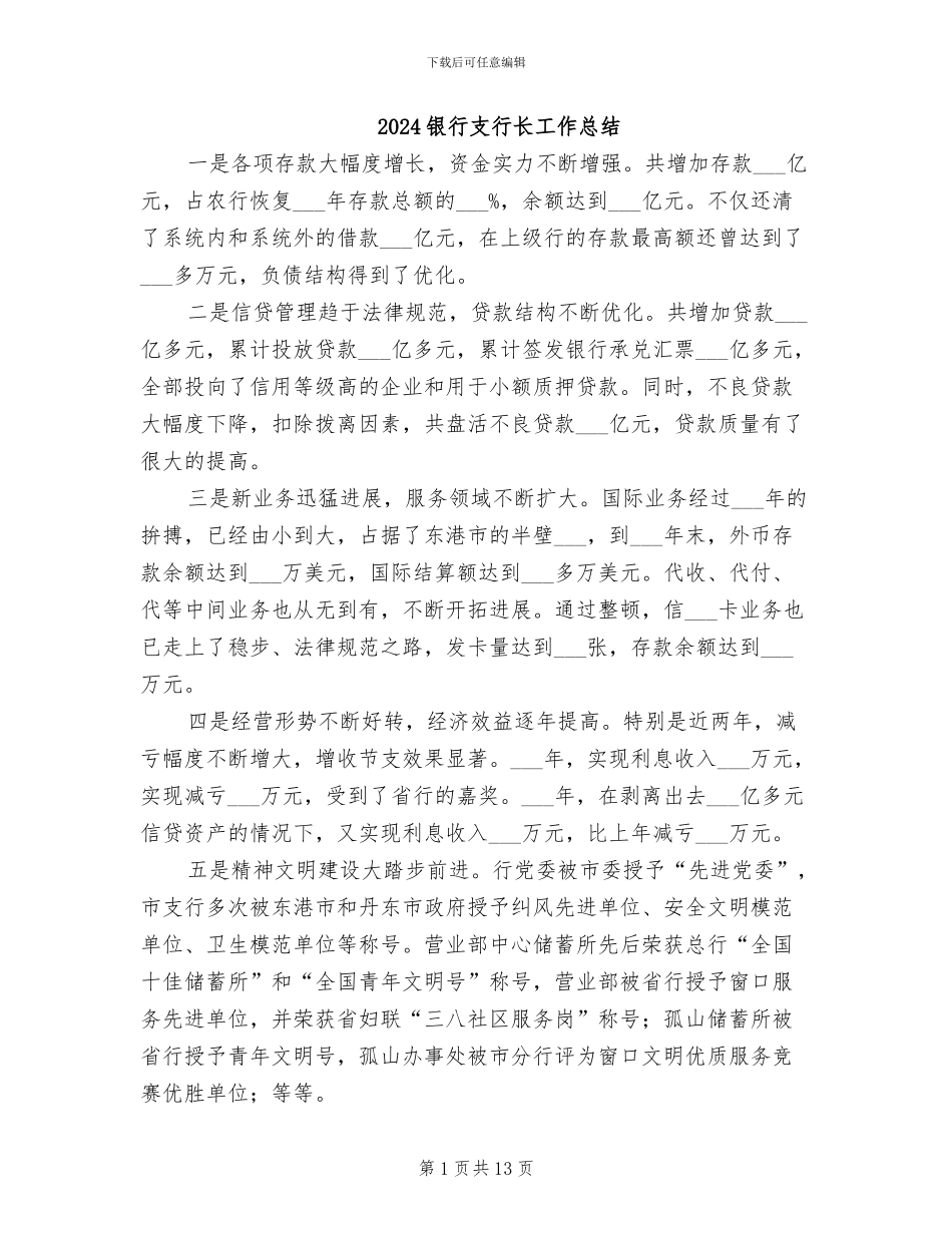 2024银行支行长工作总结_第1页