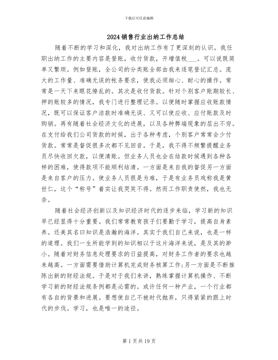 2024销售行业出纳工作总结_第1页
