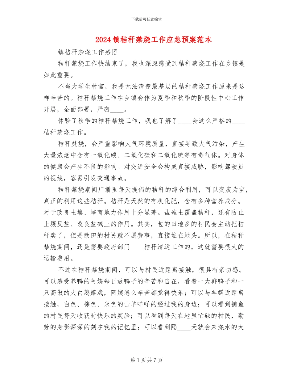 2024镇秸秆禁烧工作应急预案范本_第1页