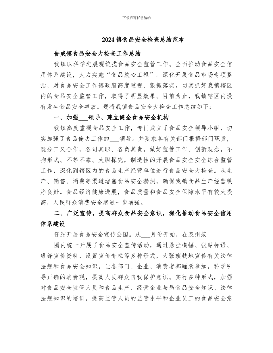 2024镇食品安全检查总结范本_第1页