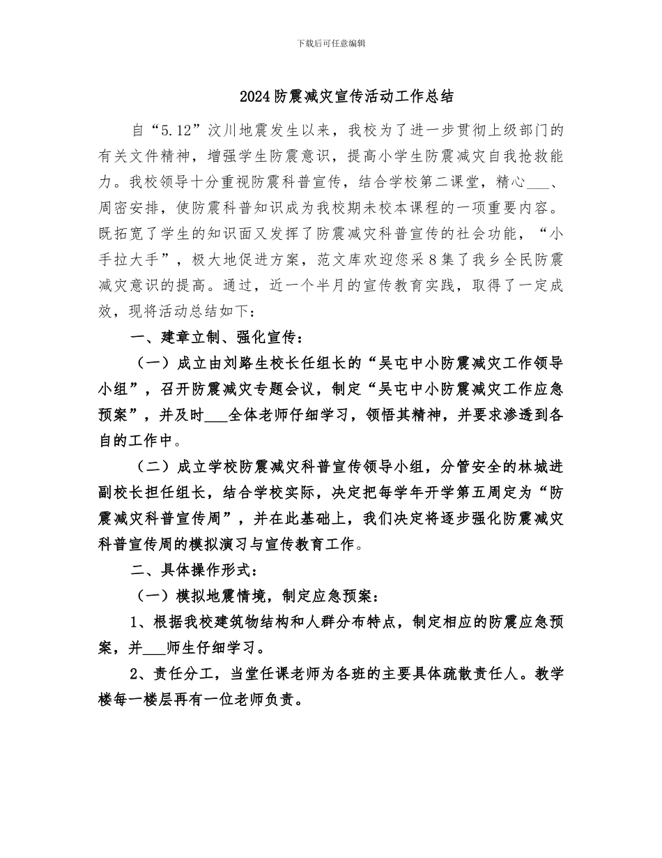 2024防震减灾宣传活动工作总结_第1页