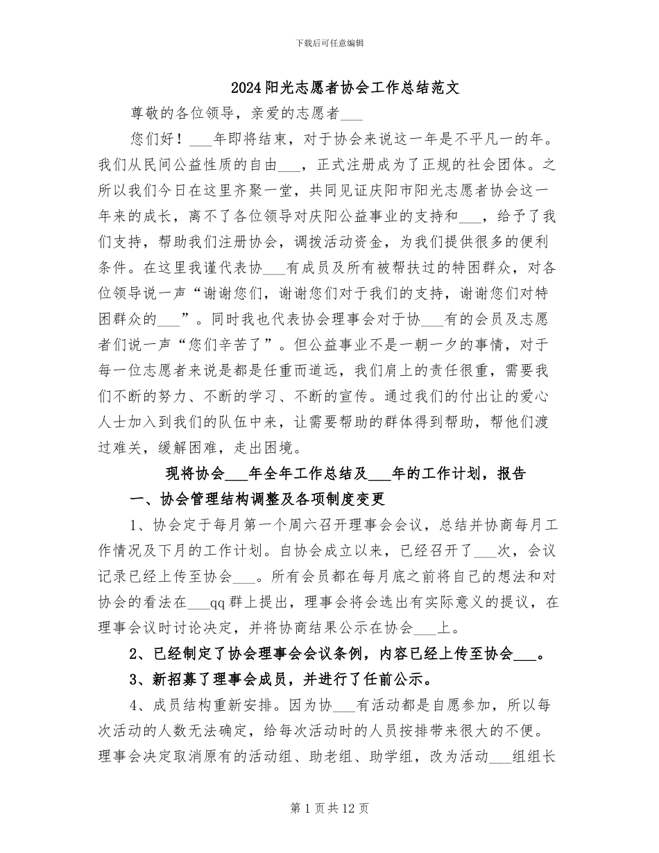 2024阳光志愿者协会工作总结范文_第1页