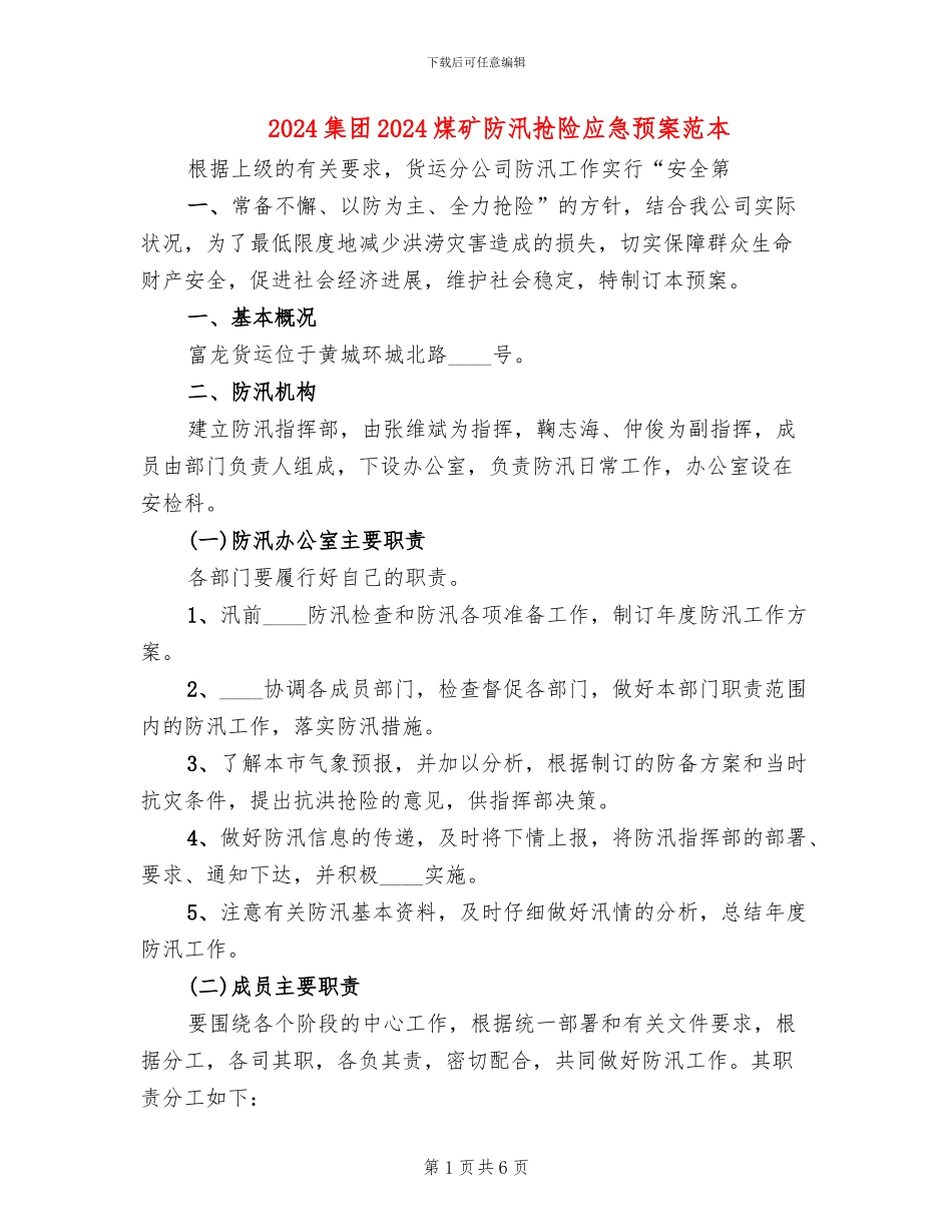 2024集团2024煤矿防汛抢险应急预案范本_第1页