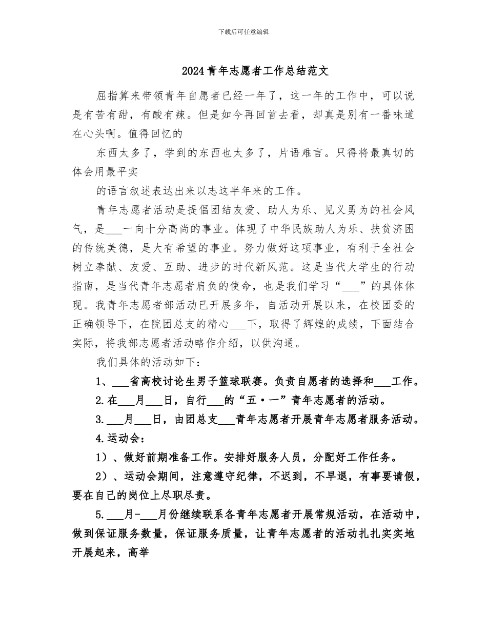2024青年志愿者工作总结范文_第1页