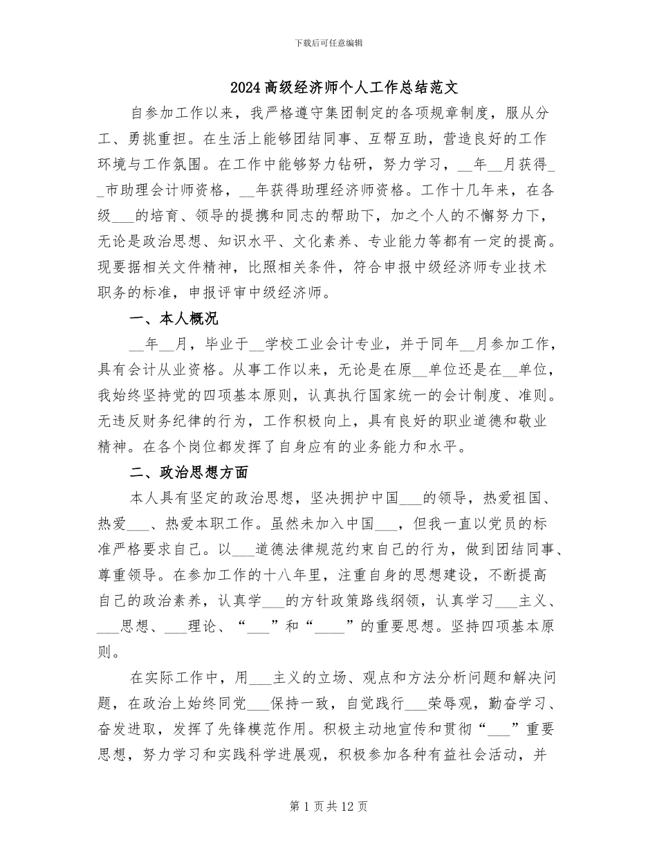 2024高级经济师个人工作总结范文_第1页