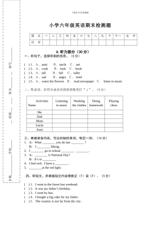 PEP小学英语六年级下册期末试题（含听力和答案）
