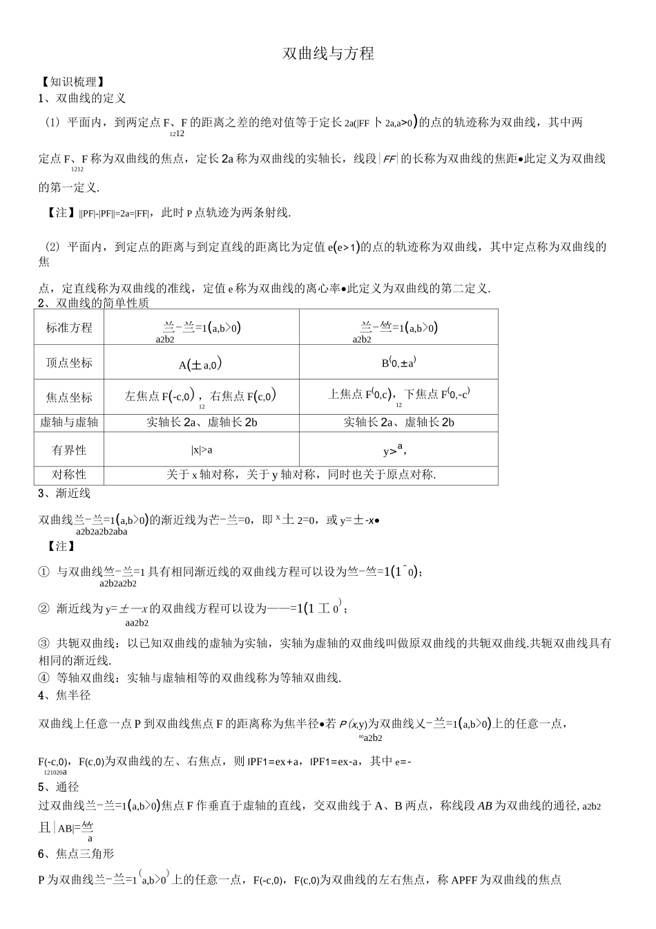 双曲线知识点与性质大全_第1页