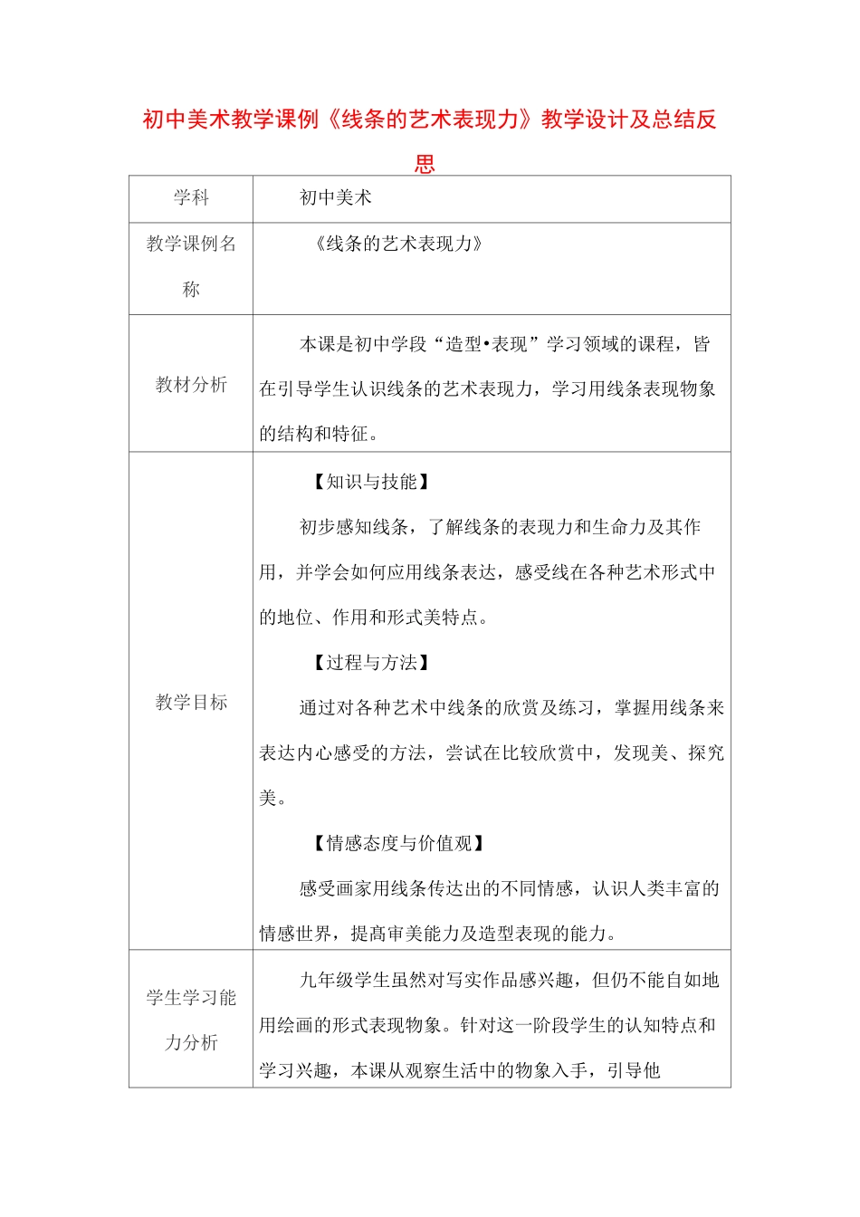 初中美术教学课例《线条的艺术表现力》教学设计及总结反思_第1页
