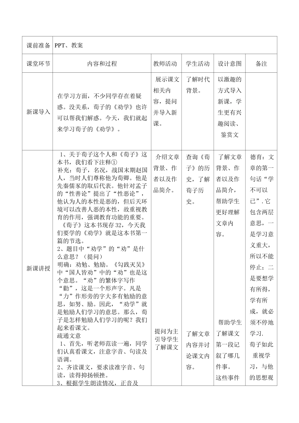 《劝学》教案表格式教学设计高中中职语文_第2页