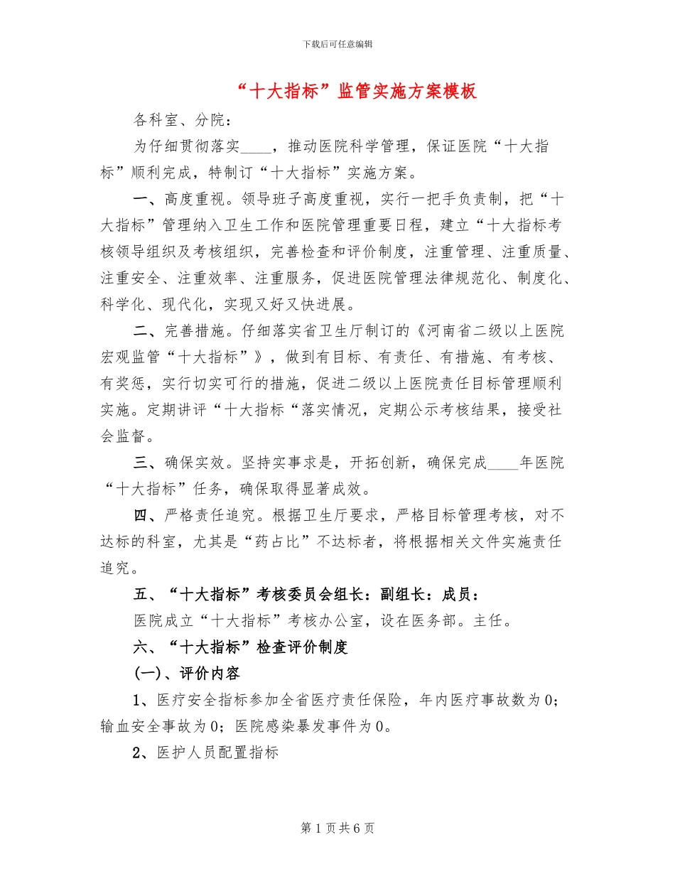 “十大指标”监管实施方案模板_第1页