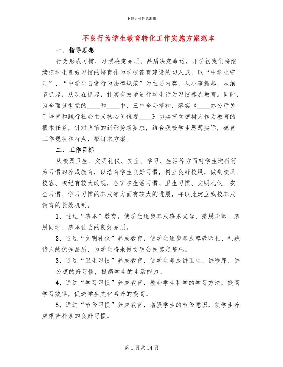 不良行为学生教育转化工作实施方案范本(2篇)_第1页