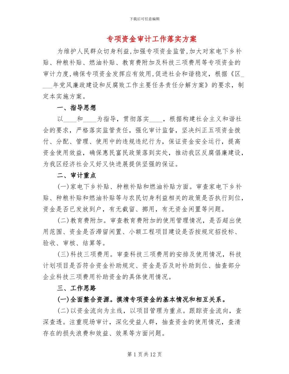 专项资金审计工作落实方案_第1页